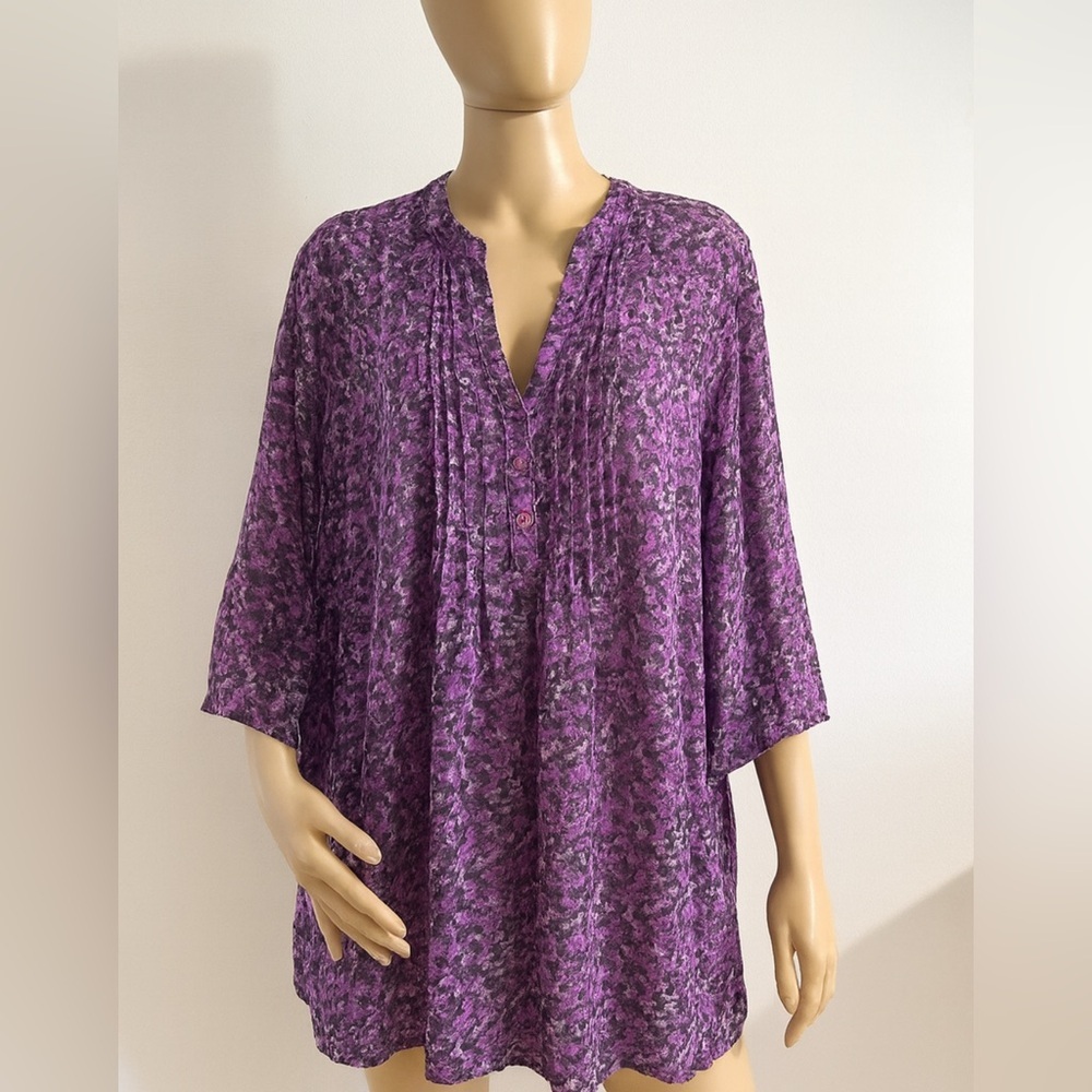 Mainstreet Blues 28W Women’s Blouse Purple Floral 3/4 Button Lined Chiffon - Picture 2 of 9
